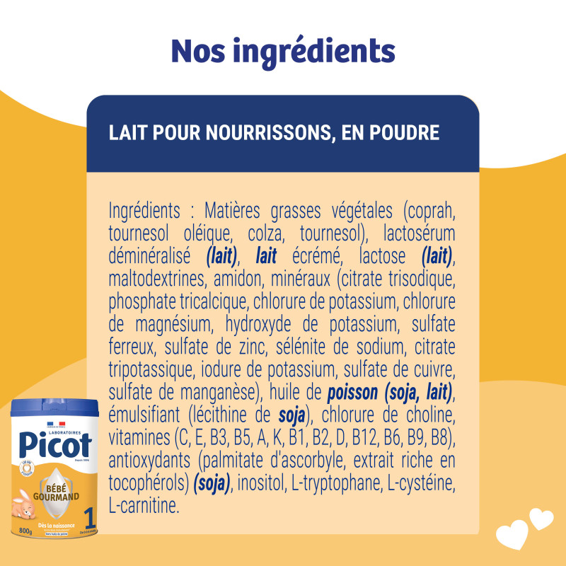 détail des ingrédients du lait Picot Bébé Gourmand 1er âge